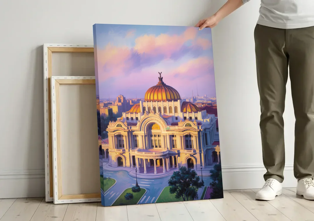 Palacio de Bellas Artes canvas wall art leaning against a wall next to blank canvases