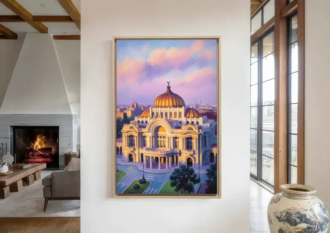 Palacio de Bellas Artes canvas wall art in a living room with a fireplace
