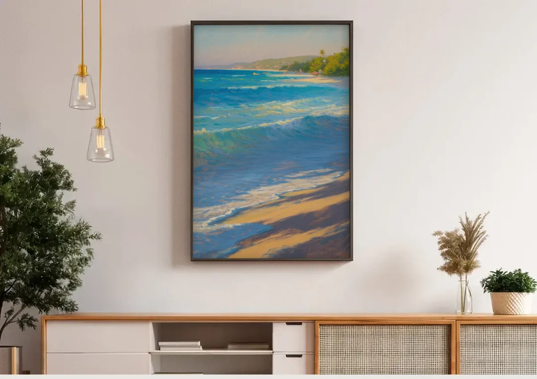 Palancar Beach Waters canvas wall art above a wooden sideboard under pendant lights