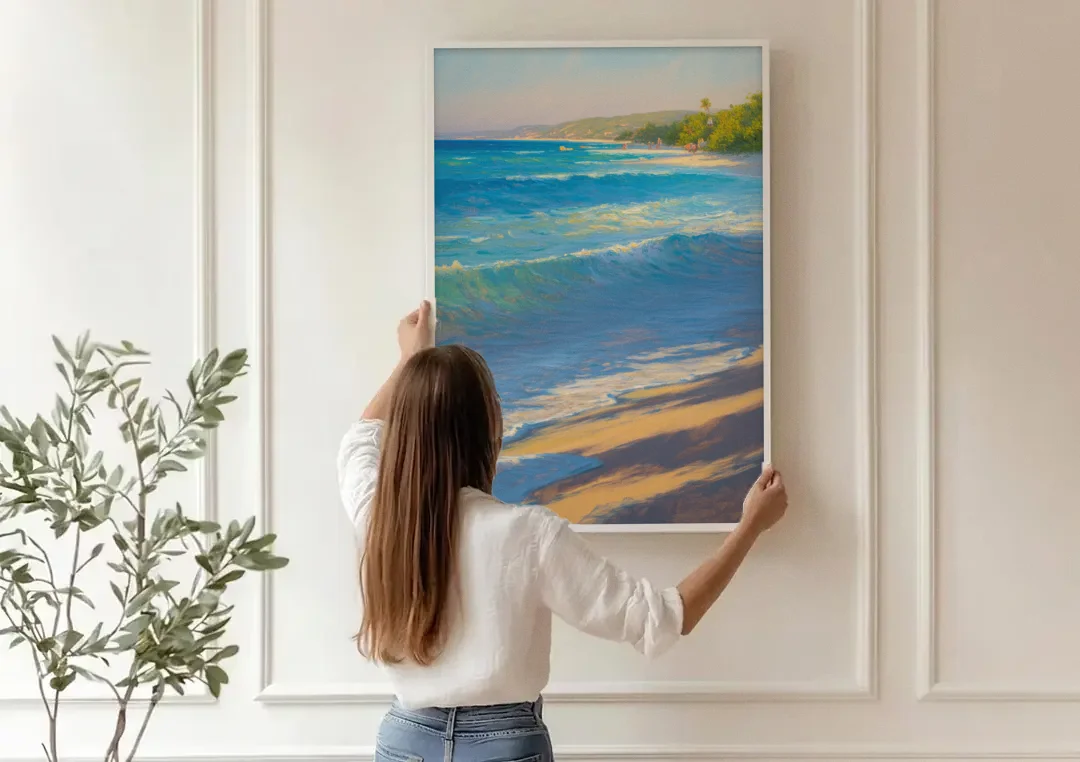 Palancar Beach Waters canvas wall art being hung on a paneled wall
