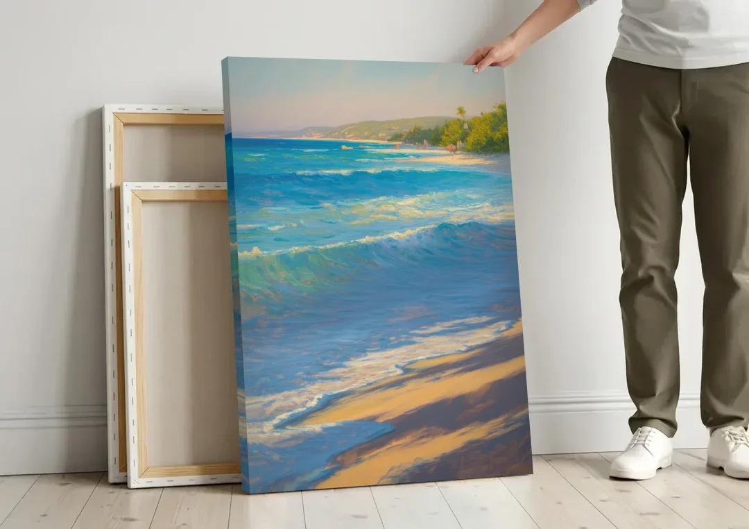 Palancar Beach Waters canvas wall art leaning against a wall next to blank canvases
