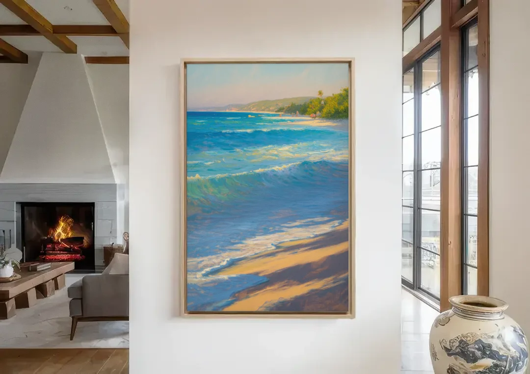 Palancar Beach Waters canvas wall art in a living room with a fireplace