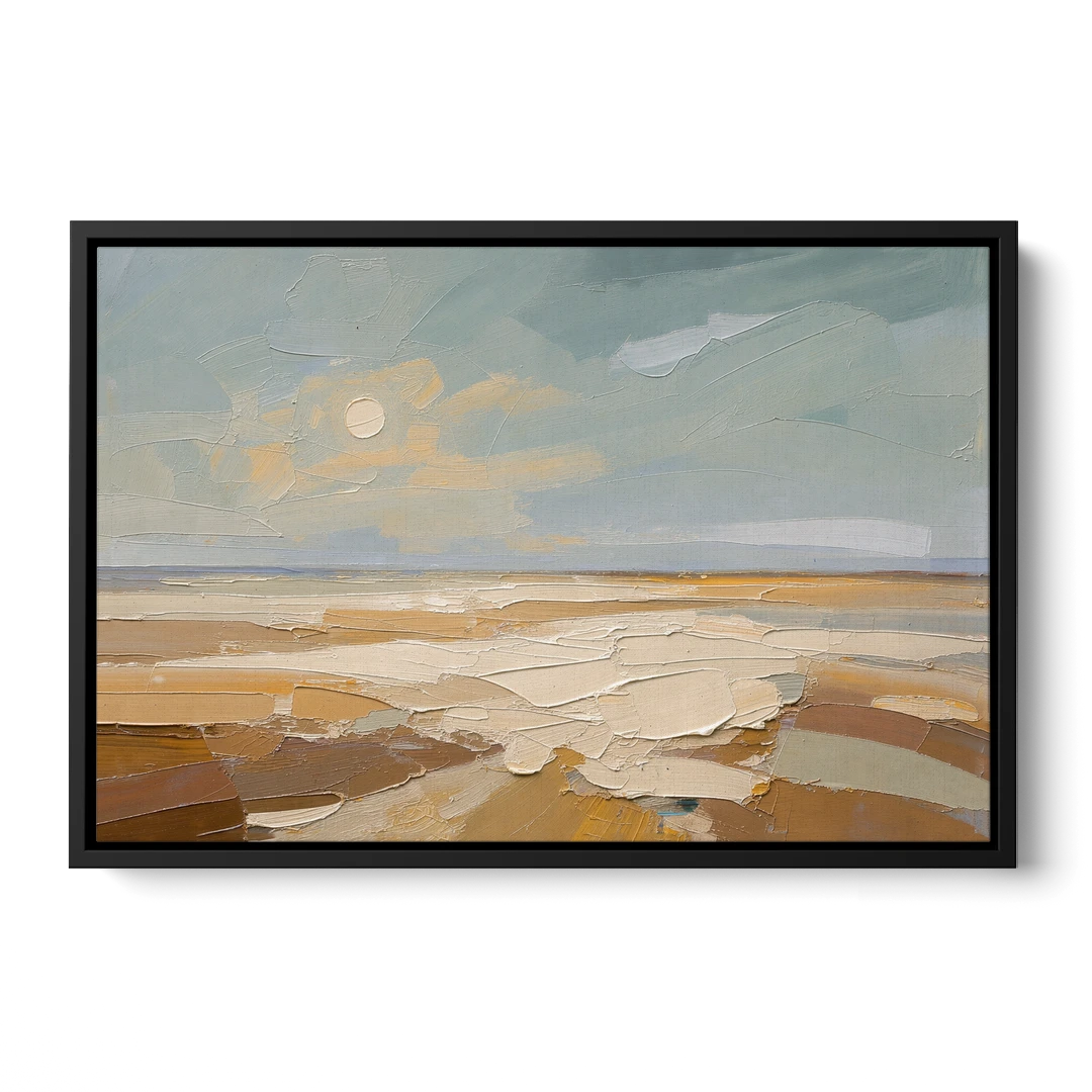 Pale Sun Over Sand Plain in Plaster Texture - Black Framed Canvas Wall Art - Front