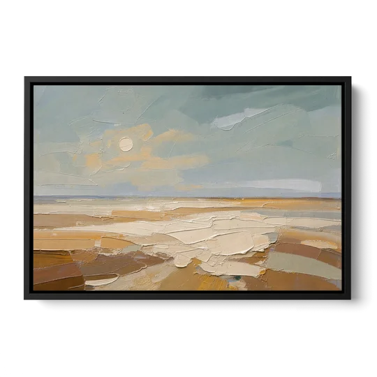 Pale Sun Over Sand Plain in Plaster Texture - Black Framed Canvas Wall Art - Front