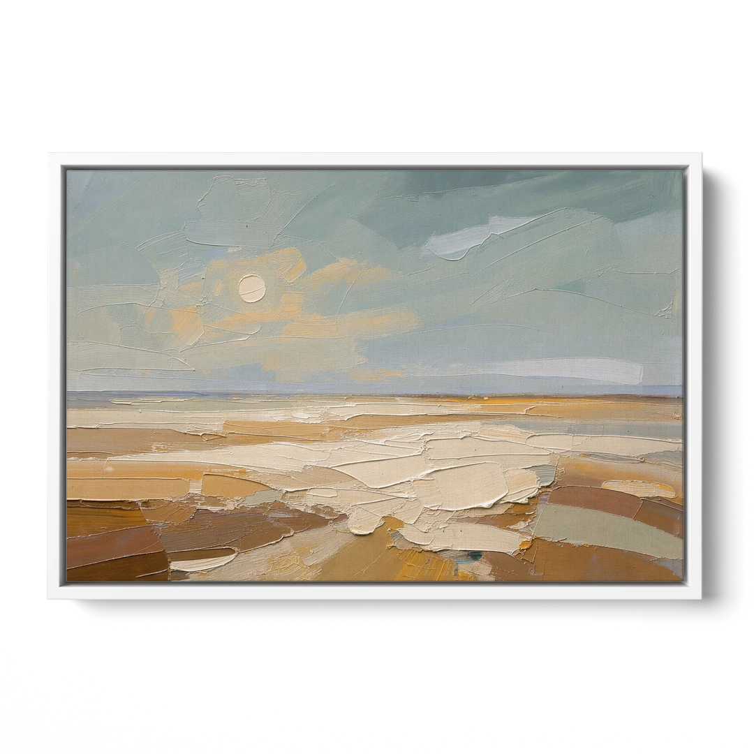 Pale Sun Over Sand Plain in Plaster Texture - White Framed Canvas Wall Art - Front