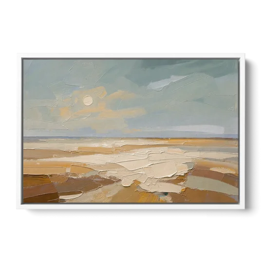 Pale Sun Over Sand Plain in Plaster Texture - White Framed Canvas Wall Art - Front