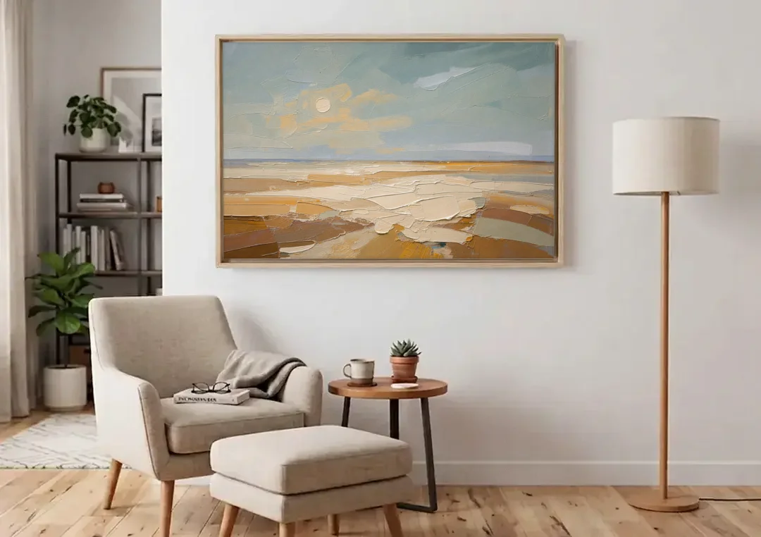 Pale Sun Over Sand Plain in Plaster Texture canvas wall art above an armchair in a bright living room