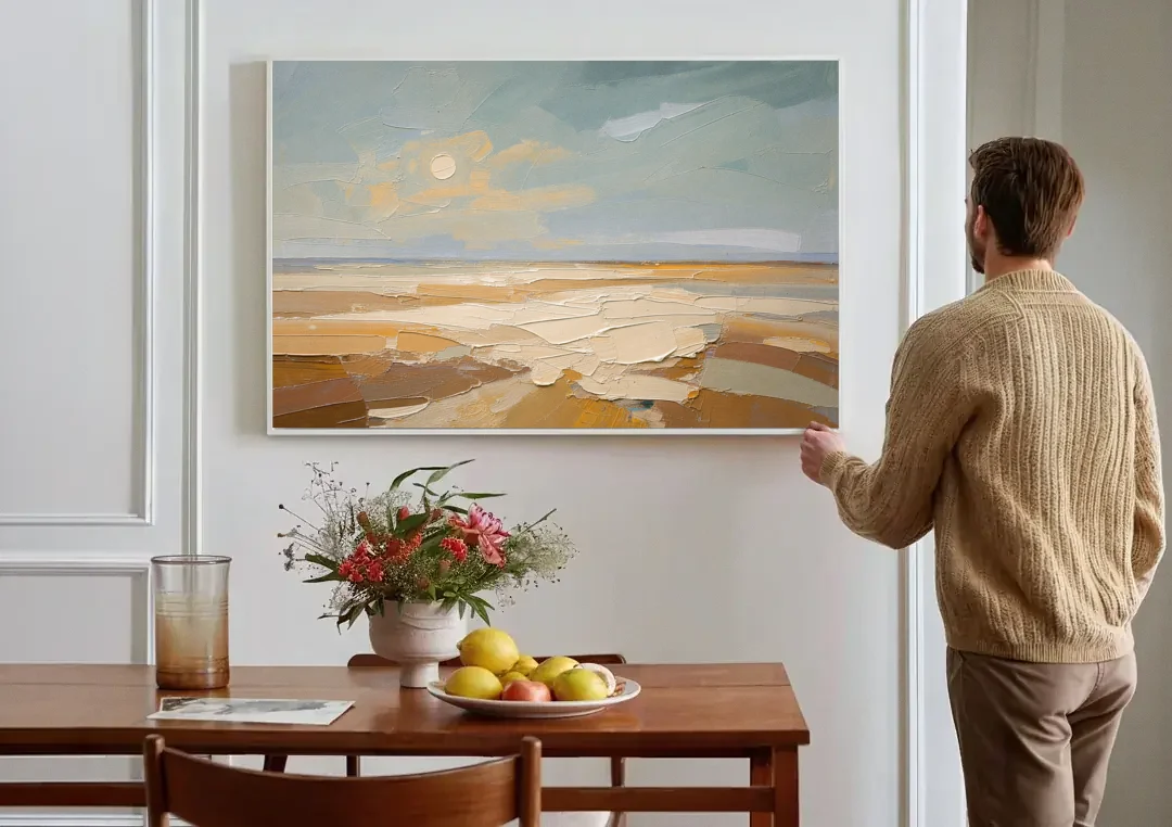 Pale Sun Over Sand Plain in Plaster Texture canvas wall art above a dining table