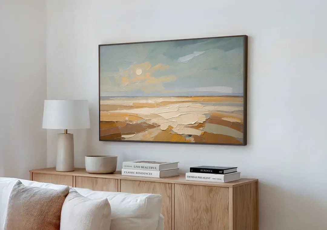 Pale Sun Over Sand Plain in Plaster Texture canvas wall art above a wooden sideboard next to a sofa