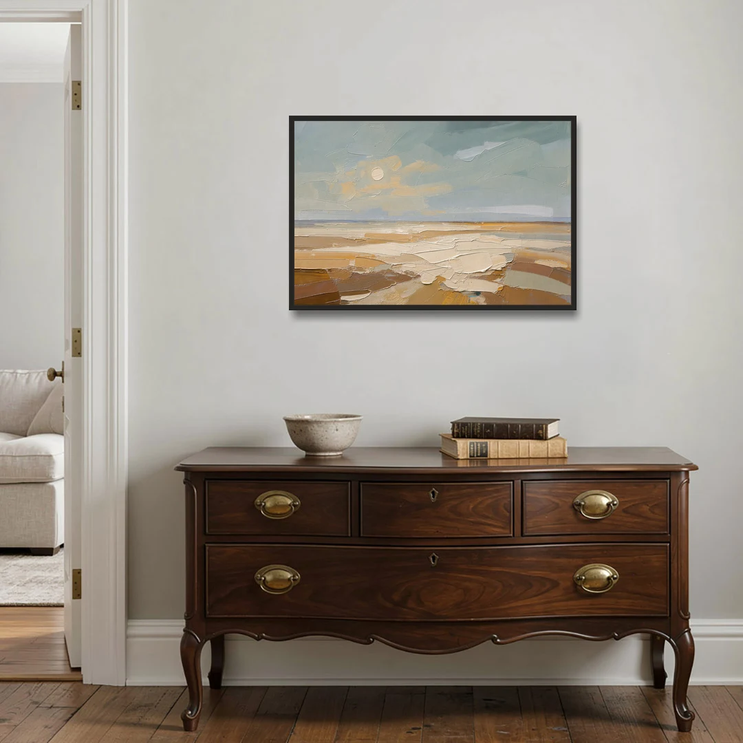 Pale Sun Over Sand Plain in Plaster Texture - Black Framed Canvas Wall Art - Coffee Table - 36x24