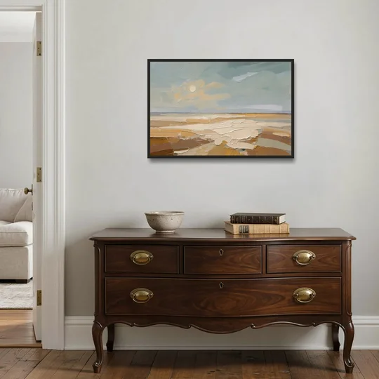 Pale Sun Over Sand Plain in Plaster Texture - Black Framed Canvas Wall Art - Coffee Table - 36x24