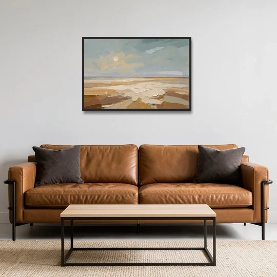 Pale Sun Over Sand Plain in Plaster Texture - Black Framed Canvas Wall Art - Sofa - 36x24