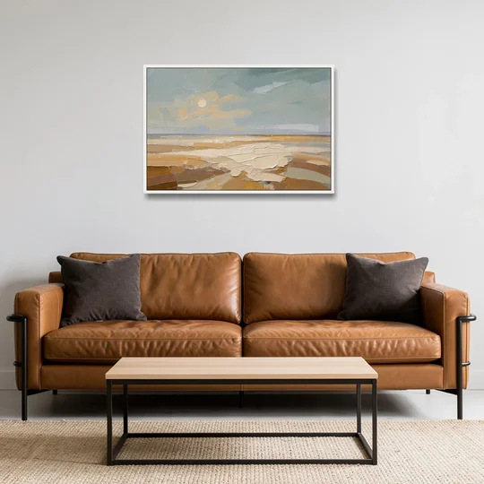 Pale Sun Over Sand Plain in Plaster Texture - White Framed Canvas Wall Art - Sofa - 36x24