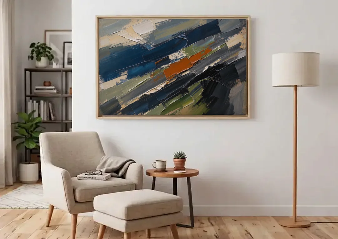 Palette Knife Abstract Art Storm Break for a Men's Office canvas wall art above an armchair in a bright living room