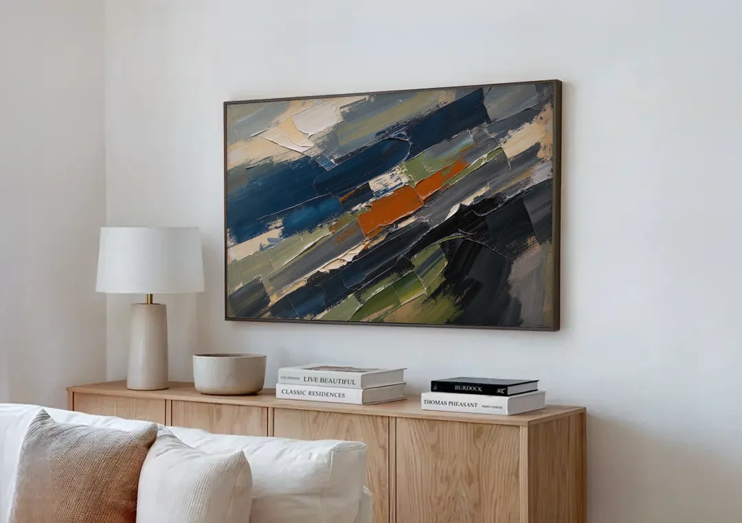 Palette Knife Abstract Art Storm Break for a Men's Office canvas wall art above a wooden sideboard next to a sofa