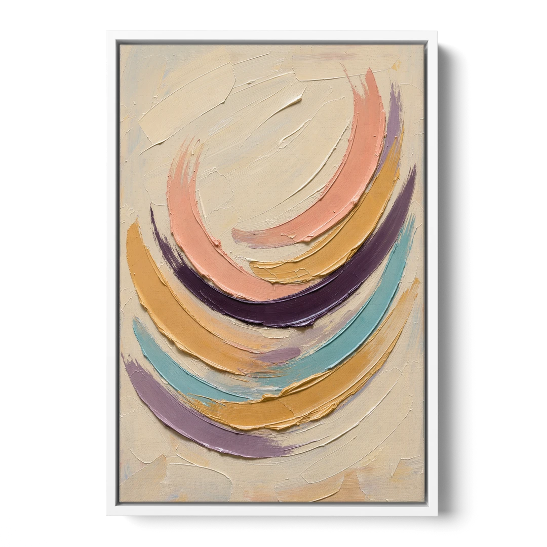 Palette Knife Abstract Painting of Crescent Arcs - White Framed Canvas Wall Art - Front