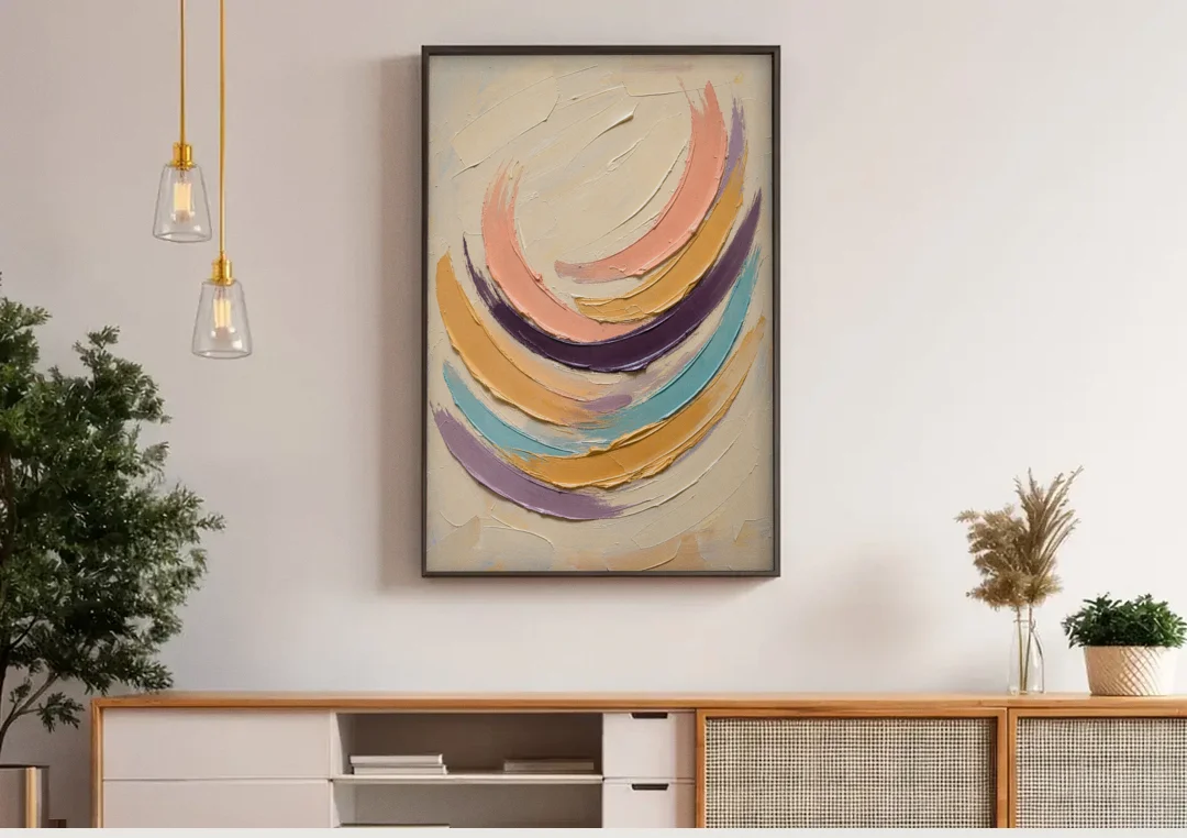 Palette Knife Abstract Painting of Crescent Arcs canvas wall art above a wooden sideboard under pendant lights