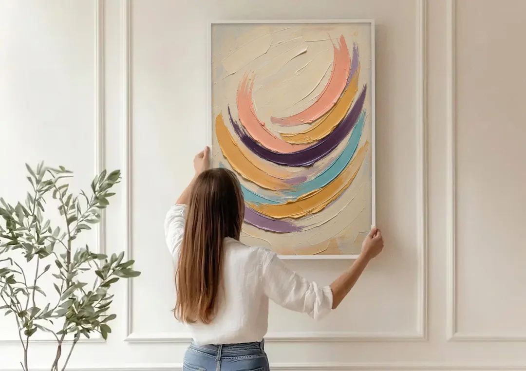 Palette Knife Abstract Painting of Crescent Arcs canvas wall art being hung on a paneled wall