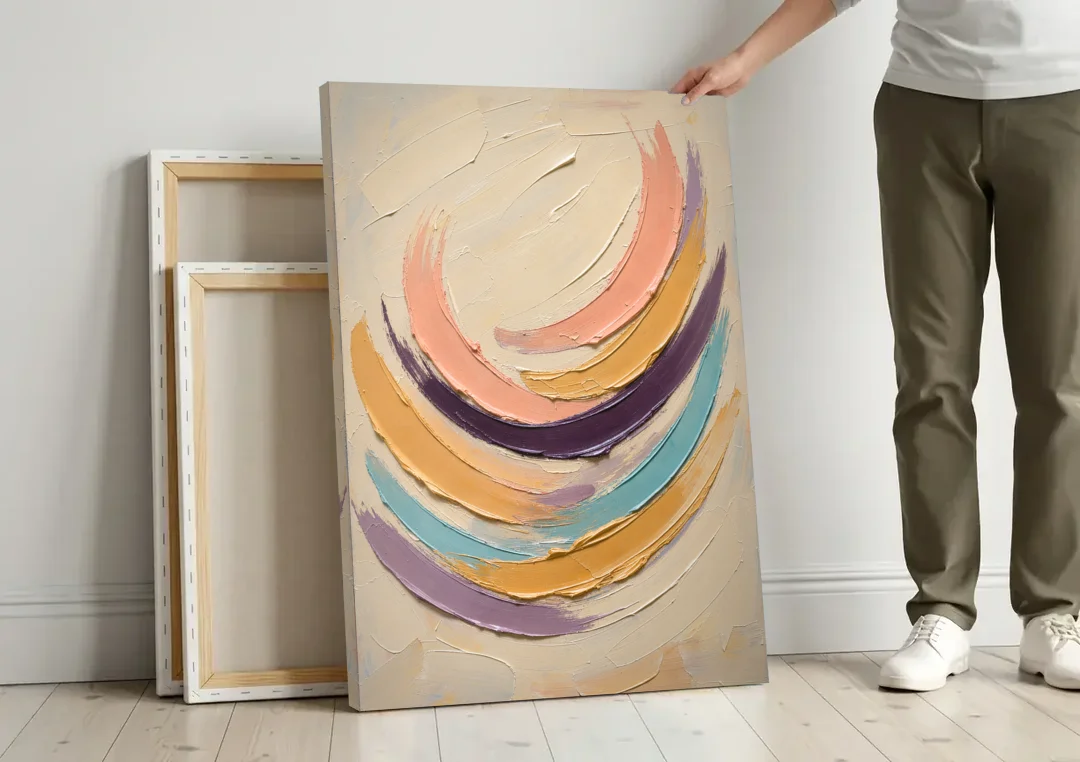 Palette Knife Abstract Painting of Crescent Arcs canvas wall art leaning against a wall next to blank canvases