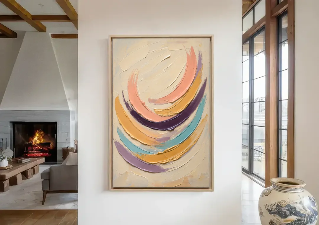 Palette Knife Abstract Painting of Crescent Arcs canvas wall art in a living room with a fireplace