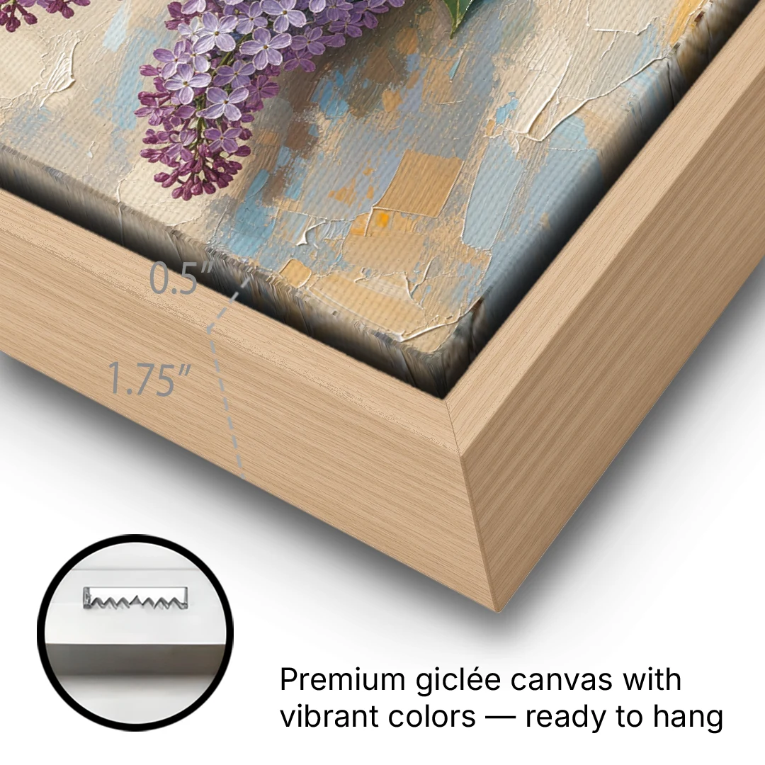 Palette Knife Flower Painting of Twin Lilac Sprays - Oak Framed Canvas Wall Art - Gallery Wrap Corner