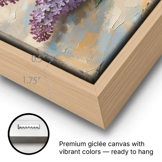 Palette Knife Flower Painting of Twin Lilac Sprays - Oak Framed Canvas Wall Art - Gallery Wrap Corner