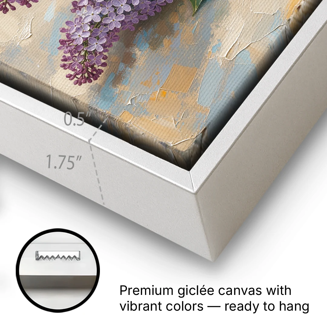 Palette Knife Flower Painting of Twin Lilac Sprays - White Framed Canvas Wall Art - Gallery Wrap Corner