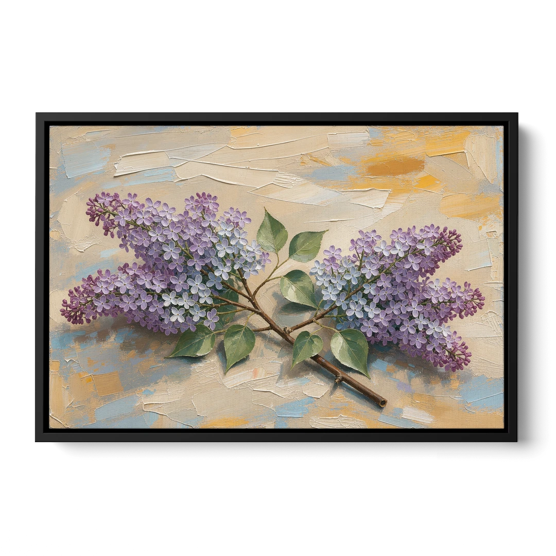 Palette Knife Flower Painting of Twin Lilac Sprays - Black Framed Canvas Wall Art - Front