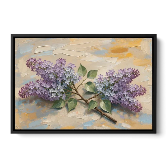 Palette Knife Flower Painting of Twin Lilac Sprays - Black Framed Canvas Wall Art - Front