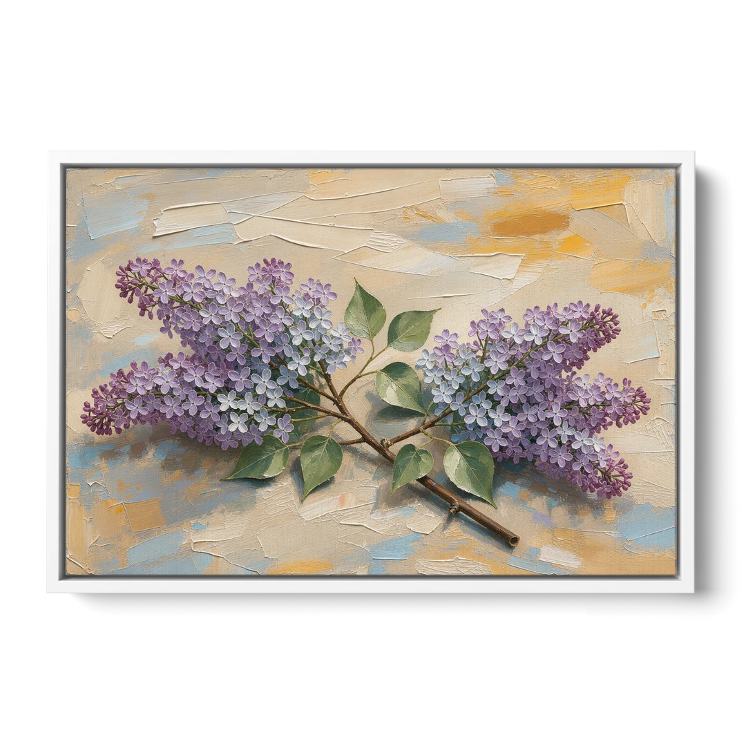 Palette Knife Flower Painting of Twin Lilac Sprays - White Framed Canvas Wall Art - Front