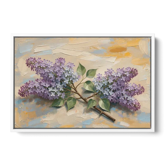 Palette Knife Flower Painting of Twin Lilac Sprays - White Framed Canvas Wall Art - Front