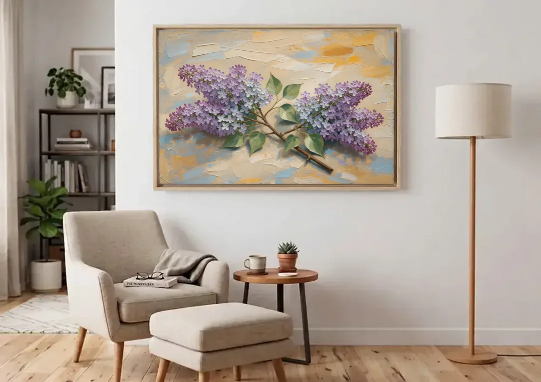 Palette Knife Flower Painting of Twin Lilac Sprays canvas wall art above an armchair in a bright living room