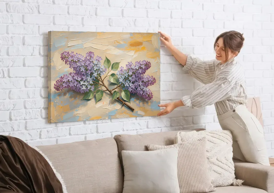 Palette Knife Flower Painting of Twin Lilac Sprays canvas wall art being hung on a white brick wall above a sofa