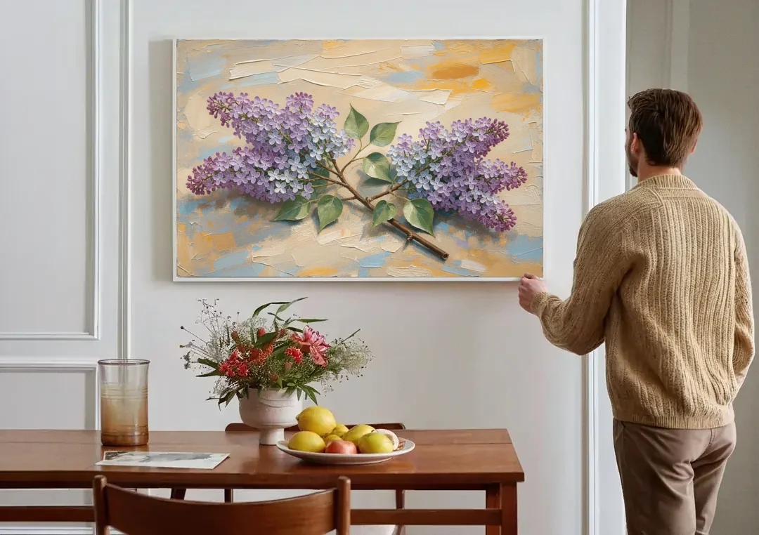 Palette Knife Flower Painting of Twin Lilac Sprays canvas wall art above a dining table