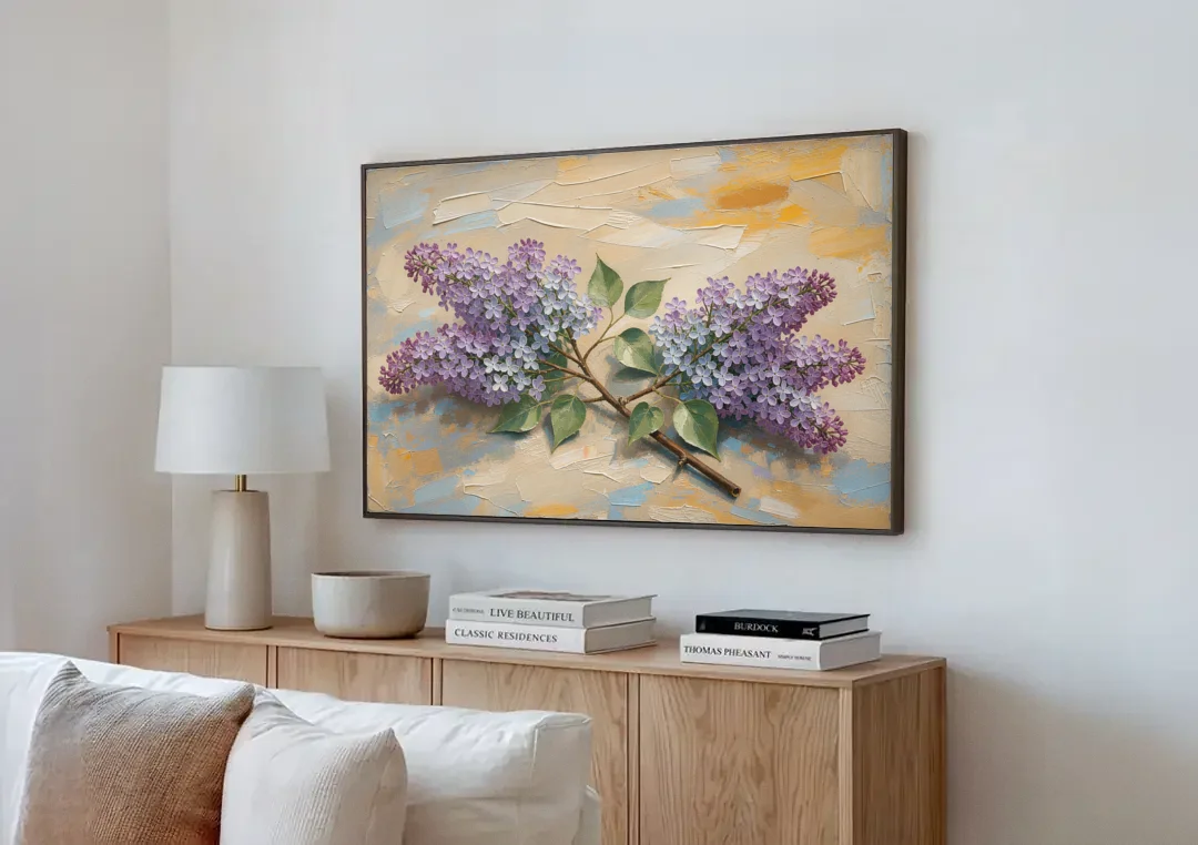 Palette Knife Flower Painting of Twin Lilac Sprays canvas wall art above a wooden sideboard next to a sofa
