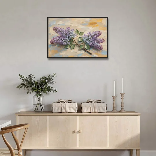 Palette Knife Flower Painting of Twin Lilac Sprays - Black Framed Canvas Wall Art - Coffee Table - 36x24