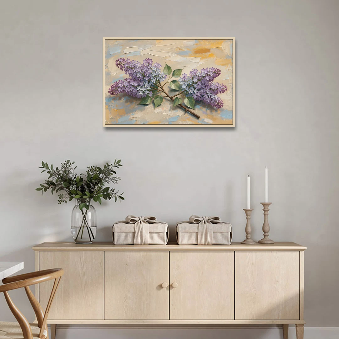 Palette Knife Flower Painting of Twin Lilac Sprays - Oak Framed Canvas Wall Art - Coffee Table - 36x24