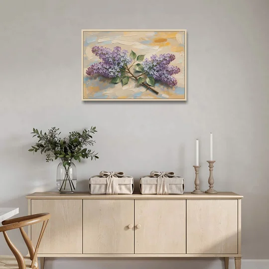Palette Knife Flower Painting of Twin Lilac Sprays - Oak Framed Canvas Wall Art - Coffee Table - 36x24