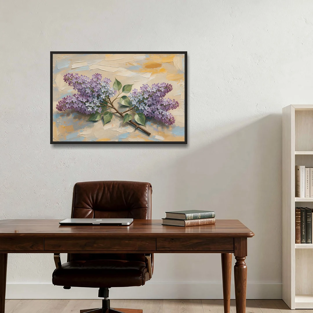 Palette Knife Flower Painting of Twin Lilac Sprays - Black Framed Canvas Wall Art - Office - 36x24