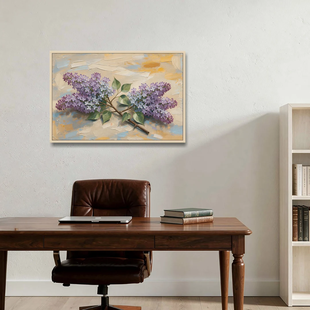Palette Knife Flower Painting of Twin Lilac Sprays - Oak Framed Canvas Wall Art - Office - 36x24