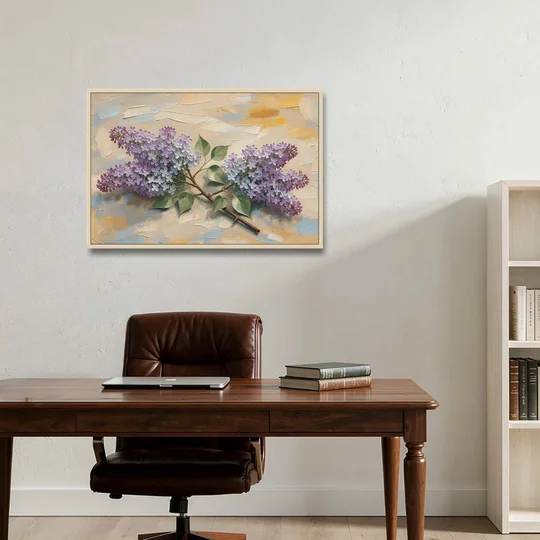 Palette Knife Flower Painting of Twin Lilac Sprays - Oak Framed Canvas Wall Art - Office - 36x24