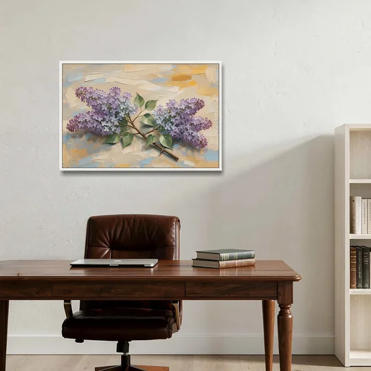 Palette Knife Flower Painting of Twin Lilac Sprays - White Framed Canvas Wall Art - Office - 36x24