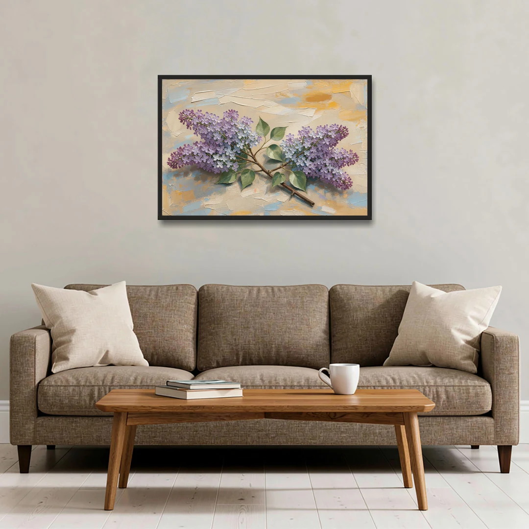 Palette Knife Flower Painting of Twin Lilac Sprays - Black Framed Canvas Wall Art - Sofa - 36x24