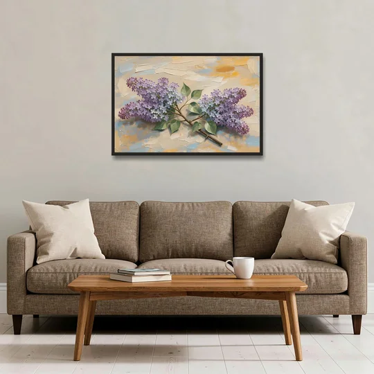 Palette Knife Flower Painting of Twin Lilac Sprays - Black Framed Canvas Wall Art - Sofa - 36x24