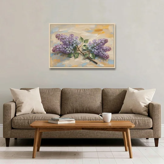 Palette Knife Flower Painting of Twin Lilac Sprays - Oak Framed Canvas Wall Art - Sofa - 36x24