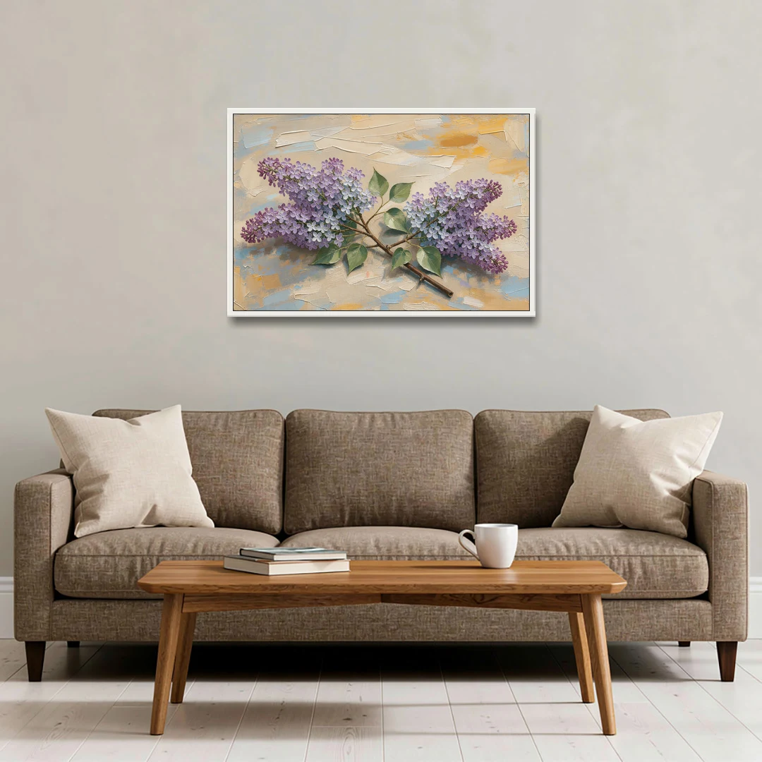 Palette Knife Flower Painting of Twin Lilac Sprays - White Framed Canvas Wall Art - Sofa - 36x24