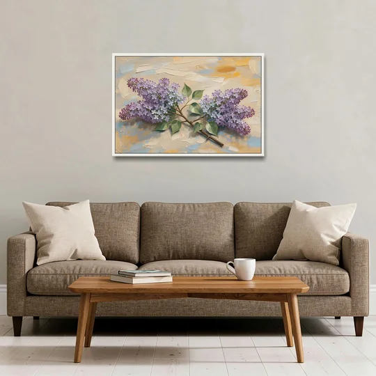 Palette Knife Flower Painting of Twin Lilac Sprays - White Framed Canvas Wall Art - Sofa - 36x24
