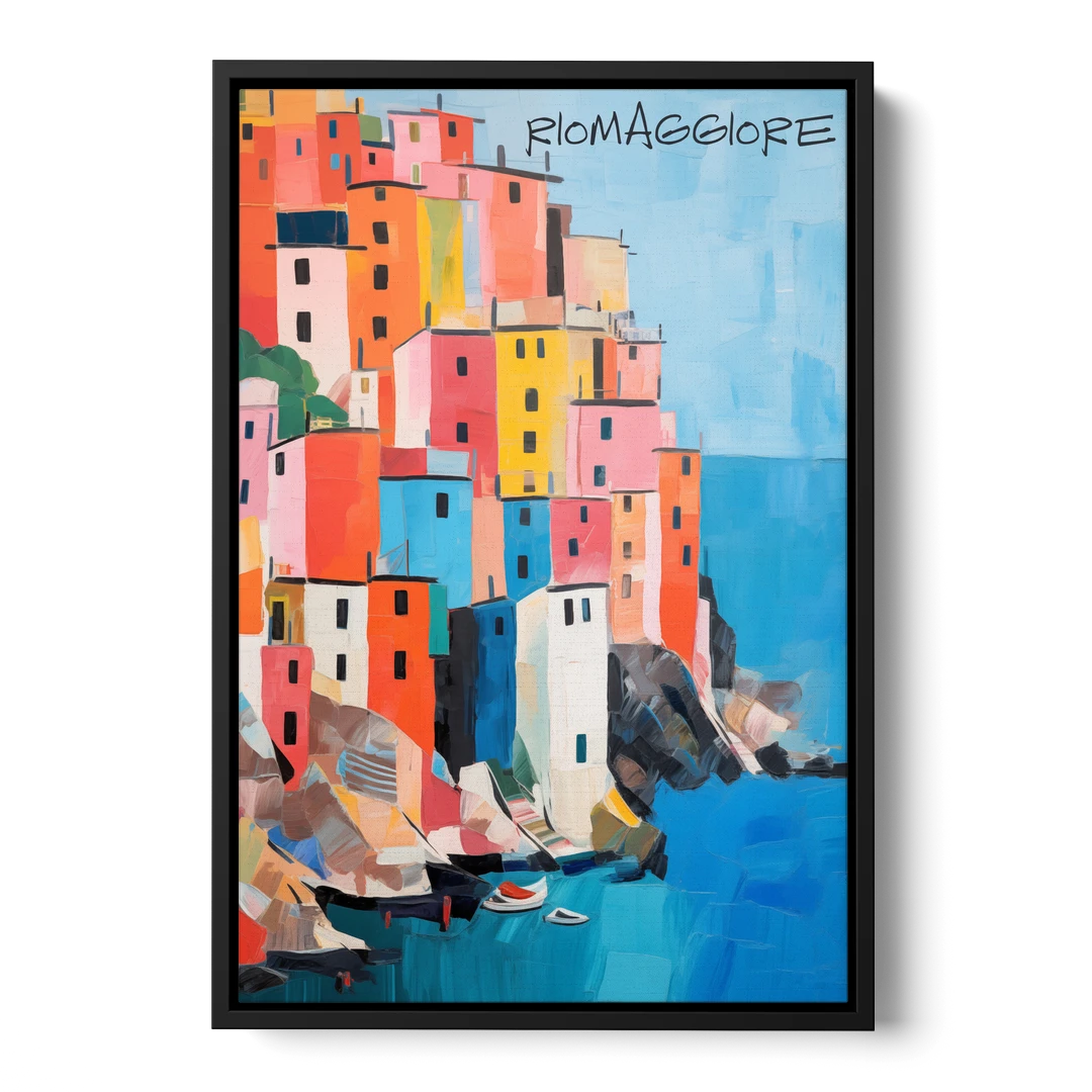 Palette Knife Painting of Riomaggiore - Black Framed Canvas Wall Art - Front