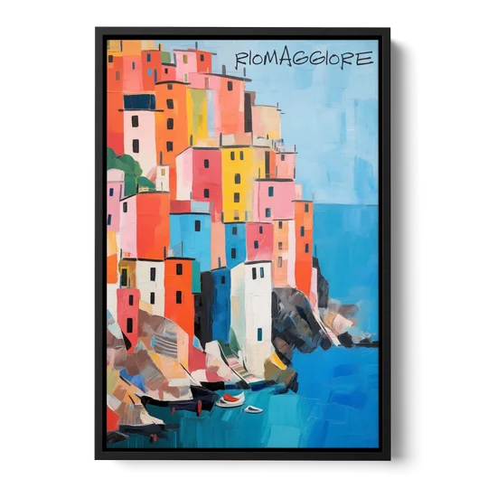 Palette Knife Painting of Riomaggiore - Black Framed Canvas Wall Art - Front
