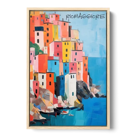 Palette Knife Painting of Riomaggiore - Oak Framed Canvas Wall Art - Front